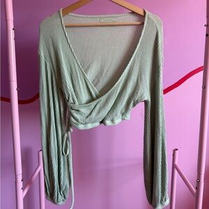 Ribbed Wrap Crop Top - Sage Green